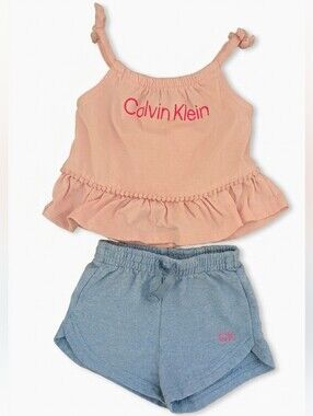 Calvin Klein Baby Girls Peach Ruffle Tank with Blue Shorts Set 12 Months